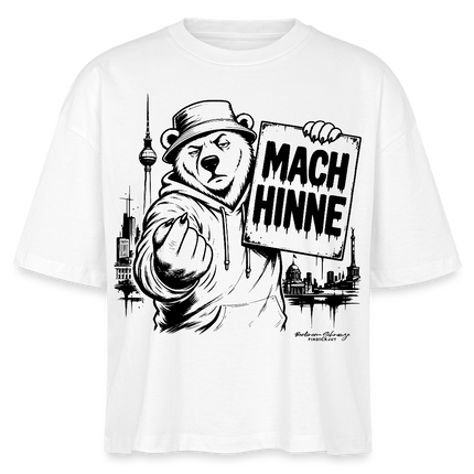Berlin Shirt- MACH HINNE-Frauen Boxy Bio-T-Shirt mit Berliner Skyline - Weiß