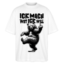 weisses Berlin Shirt Unisex mit Berliner Schnauze Spruch in schwarz  'ICK MACH WAT ICK WILL' und tanzendem Bär mit erhobenen Mittelfinger, Oversized Fit, Bio-Baumwolle. 