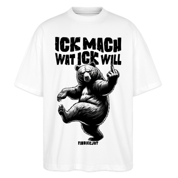 weisses Berlin Shirt Unisex mit Berliner Schnauze Spruch in schwarz  'ICK MACH WAT ICK WILL' und tanzendem Bär mit erhobenen Mittelfinger, Oversized Fit, Bio-Baumwolle. 