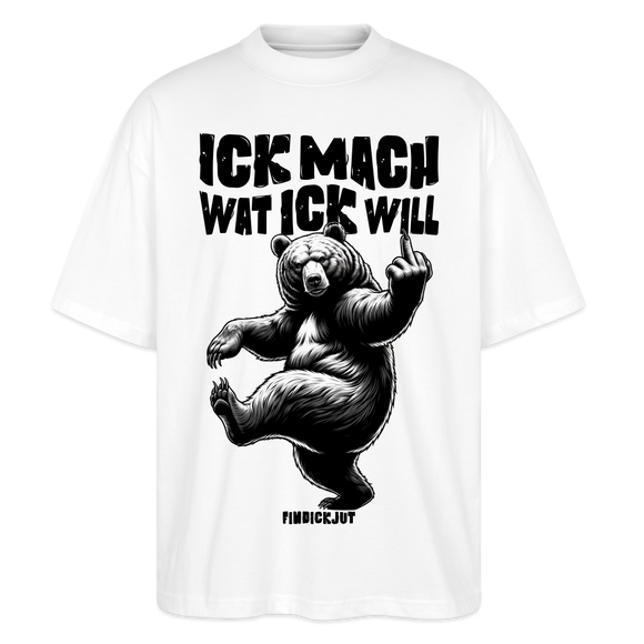 weisses Berlin Shirt Unisex mit Berliner Schnauze Spruch in schwarz  'ICK MACH WAT ICK WILL' und tanzendem Bär mit erhobenen Mittelfinger, Oversized Fit, Bio-Baumwolle. 