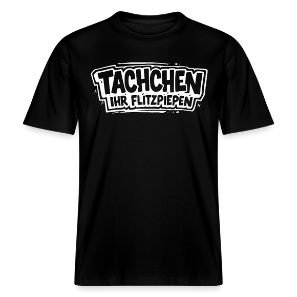 Berlin Shirt mit weissem Comicstyle-Print "TACHCHEN IHR FLITZPIEPEN"- RELAXED FIT Unisex Bio T-Shirt mit Berliner Schnauze - Schwarz
