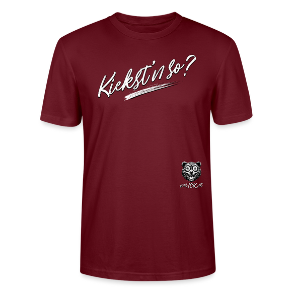 weisser Handgezeichneter Schriftzug "Kiekst'n so?" in schwungvoller Schreibschrift - typisch Berliner Spruch auf T-Shirt - Burgunderrot