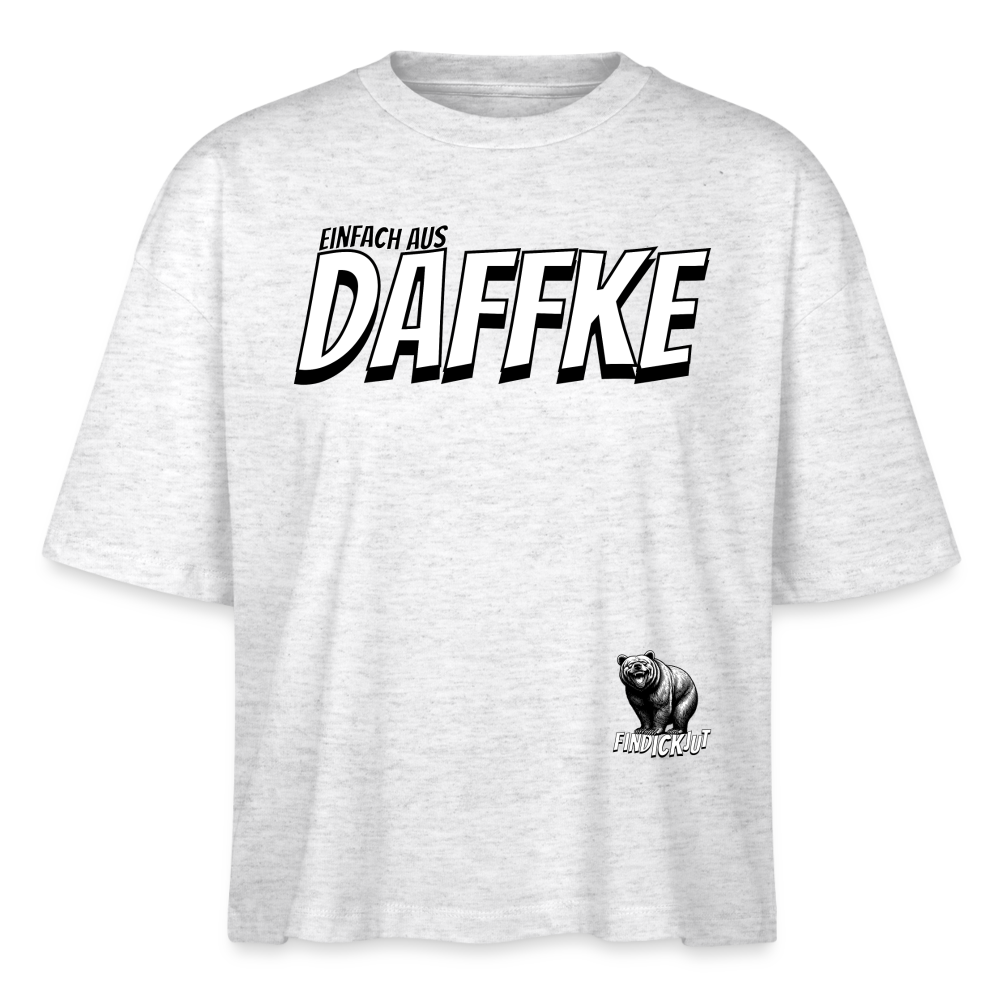 Weit geschnittenes Frauen-T-Shirt aus 100% Bio-Baumwolle mit dem Frontprint „Einfach aus DAFFKE“. Rundhalsausschnitt, eingesetzte Ärmel, 1x1-Rippstrick am Hals, doppelte Nähte an Ärmeln und Saum. Leichte Stoffdichte (155 g/m²) für lässigen Tragekomfort.- Weiß meliert mit schwarz/weissem Print