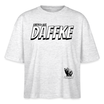 Weit geschnittenes Frauen-T-Shirt aus 100% Bio-Baumwolle mit dem Frontprint „Einfach aus DAFFKE“. Rundhalsausschnitt, eingesetzte Ärmel, 1x1-Rippstrick am Hals, doppelte Nähte an Ärmeln und Saum. Leichte Stoffdichte (155 g/m²) für lässigen Tragekomfort.- Weiß meliert mit schwarz/weissem Print