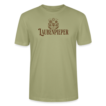 Unisex T-Shirt mit Brustprint ‚LAUBENPIEPER‘ – gerade geschnitten, 100% Bio-Baumwolle, perfekt für Schrebergarten-Liebhaber. - Nebelgrün mit braunem Print
