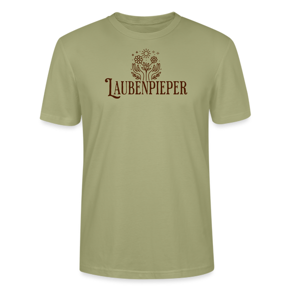 Unisex T-Shirt mit Brustprint ‚LAUBENPIEPER‘ – gerade geschnitten, 100% Bio-Baumwolle, perfekt für Schrebergarten-Liebhaber. - Nebelgrün mit braunem Print
