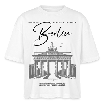 Lässiges, boxy geschnittenes Frauen T-Shirt mit großem 'Berlin'-Print und Brandenburger Tor Illustration, aus 100% Bio-Baumwolle. - Weiß