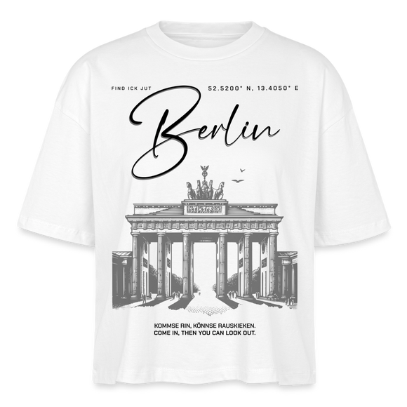Lässiges, boxy geschnittenes Frauen T-Shirt mit großem 'Berlin'-Print und Brandenburger Tor Illustration, aus 100% Bio-Baumwolle. - Weiß