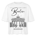 Lässiges, boxy geschnittenes Frauen T-Shirt mit großem 'Berlin'-Print und Brandenburger Tor Illustration, aus 100% Bio-Baumwolle. - Weiß