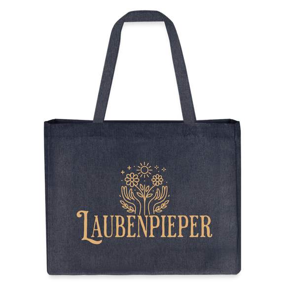 Große, nachhaltige "LAUBENPIEPER" Bio-Einkaufstasche mit samtigem Flockdruck, ideal für den Schrebergarten oder den Einkauf. Robuste Kante und verstärkte Henkel. - midnight Blue