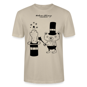 leichtes Unisex Berlin T-Shirt „OHNE WORTE“ mit schwarzem Berliner Schnauze Motiv, Zauberhut, erhobenem Mittelfinger und kleinem Bären im Magier-Look. - Beige