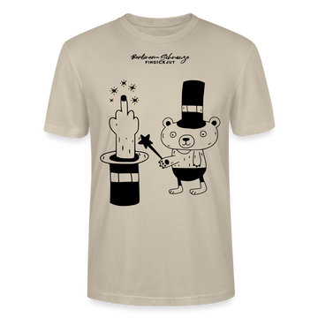 leichtes Unisex Berlin T-Shirt „OHNE WORTE“ mit schwarzem Berliner Schnauze Motiv, Zauberhut, erhobenem Mittelfinger und kleinem Bären im Magier-Look. - Beige