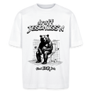  Oversize Unisex T-Shirt mit Frontprint in kultiger Berliner Schnauze "druff JESCHISS'N" , breitem Stehkragen, aus 100% Bio-Baumwolle, 200 g/m² Stoffdichte. - Weiß