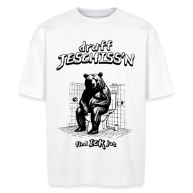  Oversize Unisex T-Shirt mit Frontprint in kultiger Berliner Schnauze "druff JESCHISS'N" , breitem Stehkragen, aus 100% Bio-Baumwolle, 200 g/m² Stoffdichte. - Weiß