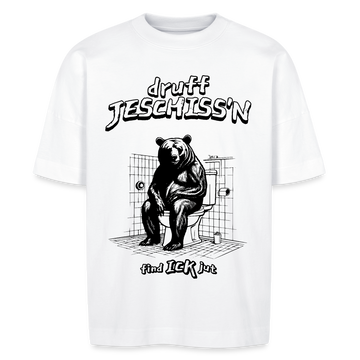  Oversize Unisex T-Shirt mit Frontprint in kultiger Berliner Schnauze "druff JESCHISS'N" , breitem Stehkragen, aus 100% Bio-Baumwolle, 200 g/m² Stoffdichte. - Weiß