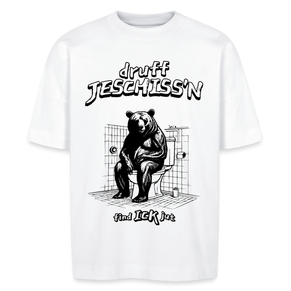  Oversize Unisex T-Shirt mit Frontprint in kultiger Berliner Schnauze "druff JESCHISS'N" , breitem Stehkragen, aus 100% Bio-Baumwolle, 200 g/m² Stoffdichte. - Weiß