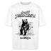 Oversize Unisex T-Shirt mit Frontprint in kultiger Berliner Schnauze "druff JESCHISS'N" , breitem Stehkragen, aus 100% Bio-Baumwolle, 200 g/m² Stoffdichte. - Weiß