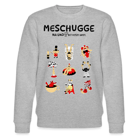 grau melierter Unisex Sweater mit Berliner Spruch in schwarz "MESCHUGGE – Na und!? Dit fetzt urst." und bunten Illustrationen, reguläre Passform, Bio-Baumwolle, Frauen sollte eine große kleiner bestellen