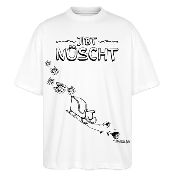 Oversized Bio Unisex Shirt mit „JIBT NÜSCHT“ Schriftzug, Schlitten und fliegenden Geschenken im Berliner Weihnachtsstil-Weiß mit schwarzem Print