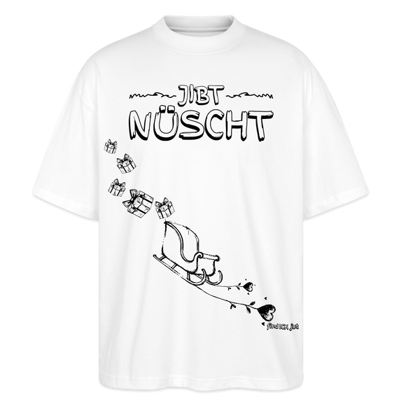 Oversized Bio Unisex Shirt mit „JIBT NÜSCHT“ Schriftzug, Schlitten und fliegenden Geschenken im Berliner Weihnachtsstil-Weiß mit schwarzem Print