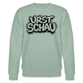 hell-graugrün farbener Bio Unisex Sweater mit schwarzem Letter-Print „URST SCHAU“ – berliner ostalgie & berliner schnauze Statement, reguläre Passform.