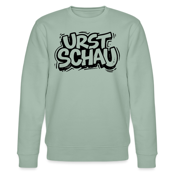 hell-graugrün farbener Bio Unisex Sweater mit schwarzem Letter-Print „URST SCHAU“ – berliner ostalgie & berliner schnauze Statement, reguläre Passform.