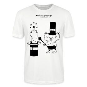 leichtes Unisex Berlin T-Shirt „OHNE WORTE“ mit schwarzem Berliner Schnauze Motiv, Zauberhut, erhobenem Mittelfinger und kleinem Bären im Magier-Look. - Weiß