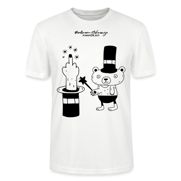leichtes Unisex Berlin T-Shirt „OHNE WORTE“ mit schwarzem Berliner Schnauze Motiv, Zauberhut, erhobenem Mittelfinger und kleinem Bären im Magier-Look. - Weiß
