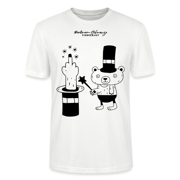 leichtes Unisex Berlin T-Shirt „OHNE WORTE“ mit schwarzem Berliner Schnauze Motiv, Zauberhut, erhobenem Mittelfinger und kleinem Bären im Magier-Look. - Weiß