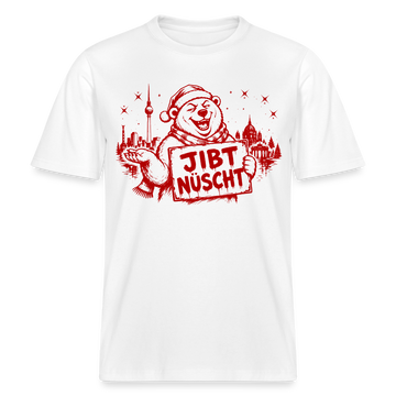 Berlin Bär mit Weihnachtsmütze hält Schild "Jibt Nüscht" vor Fernsehturm und Brandenburger Tor auf RELAXED FIT Unisex Organic T-Shirt - Weiß