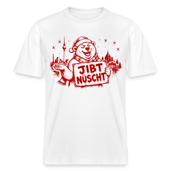 Berlin Bär mit Weihnachtsmütze hält Schild "Jibt Nüscht" vor Fernsehturm und Brandenburger Tor auf RELAXED FIT Unisex Organic T-Shirt - Weiß