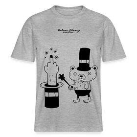Lockeres Relaxed Fit Berlin Shirt „OHNE WORTE“ aus Bio-Baumwolle mit schwarzem Print: der Berliner Bär als doodleartige Zeichnung, der mit seinem Zauberstab einen Mittelfinger aus einem Zylinderhut hervorzaubert.- Grau meliert