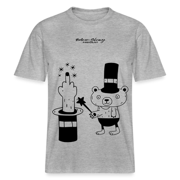 Lockeres Relaxed Fit Berlin Shirt „OHNE WORTE“ aus Bio-Baumwolle mit schwarzem Print: der Berliner Bär als doodleartige Zeichnung, der mit seinem Zauberstab einen Mittelfinger aus einem Zylinderhut hervorzaubert.- Grau meliert