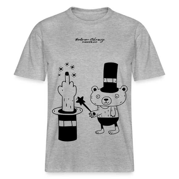 Lockeres Relaxed Fit Berlin Shirt „OHNE WORTE“ aus Bio-Baumwolle mit schwarzem Print: der Berliner Bär als doodleartige Zeichnung, der mit seinem Zauberstab einen Mittelfinger aus einem Zylinderhut hervorzaubert.- Grau meliert