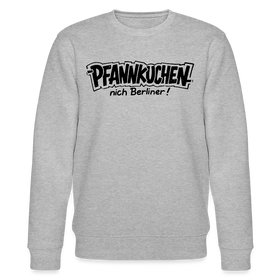 Unisex Bio Sweater mit schwarzem Aufdruck in Comicstyle „PFANNKUCHEN, nich Berliner!“ – Grau melierter Pullover mit Berliner Spruch und lässigem Hauptstadt-Design