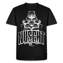 schwarzes Berlin Shirt mit weissem Print-'NÜSCHT MUSS ICK' Schriftzug unter einem chilligem Berliner Bären auf nem Sofa-aus Bio-Baumwolle