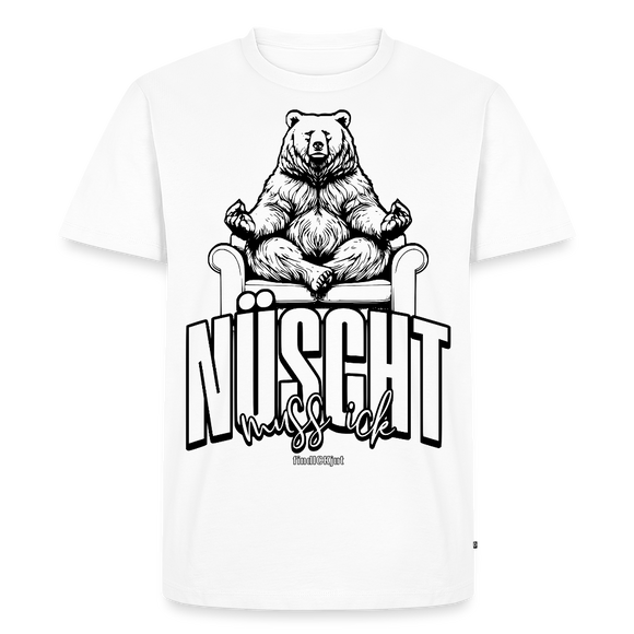 Berlin Shirt mit schwarzem Print 'NÜSCHT MUSS ICK'-darüber einem grossen, entspannten Berliner Bär Motiv auf weißem Premium Bio Shirt