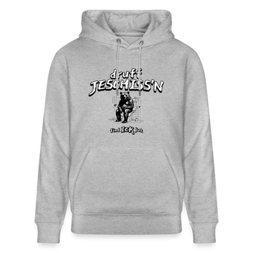 Illustration eines Bären, der lässig auf einer Toilette sitzt, mit dem Text „Druff Jeschiss'n“ darüber und „find Ick jut“ darunter. Der Stil ist humorvoll und typisch Berliner Schnauze. - Grau meliert