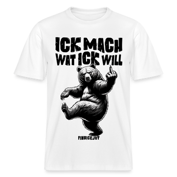 Weißes Unisex T-Shirt mit schwarzem "ICK MACH WAT ICK WILL" Spruch und tanzendem Bären mit hochgehaltenem Mittelfinger in Berliner Schnauze