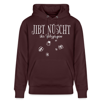 Maroon-farbener Unisex Hoodie mit weißem Schriftzug "JIBT NÜSCHT ihr Flitzpiepen﻿" und kleinen, fliegenden Geschenk-Illustrationen auf der Brust; Kapuze mit Kordeln, Kängurutasche, 100% Bio-Baumwolle.