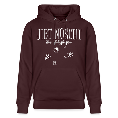 Maroon-farbener Unisex Hoodie mit weißem Schriftzug "JIBT NÜSCHT ihr Flitzpiepen﻿" und kleinen, fliegenden Geschenk-Illustrationen auf der Brust; Kapuze mit Kordeln, Kängurutasche, 100% Bio-Baumwolle.