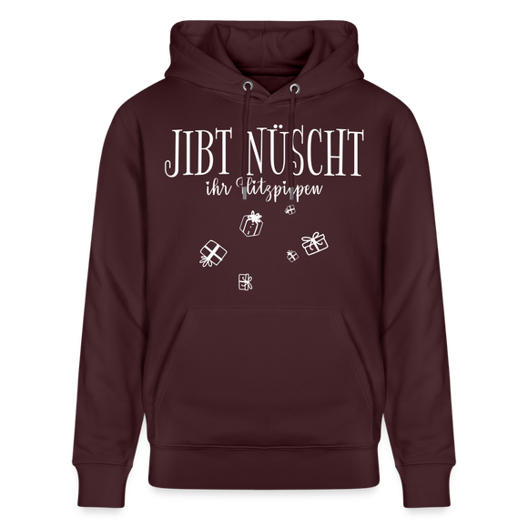 Maroon-farbener Unisex Hoodie mit weißem Schriftzug "JIBT NÜSCHT ihr Flitzpiepen﻿" und kleinen, fliegenden Geschenk-Illustrationen auf der Brust; Kapuze mit Kordeln, Kängurutasche, 100% Bio-Baumwolle.