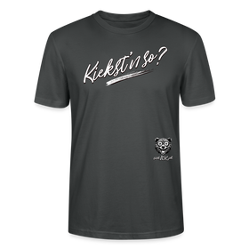 weisser Handgezeichneter Schriftzug "Kiekst'n so?" in schwungvoller Schreibschrift - typisch Berliner Spruch auf T-Shirt - Anthrazit