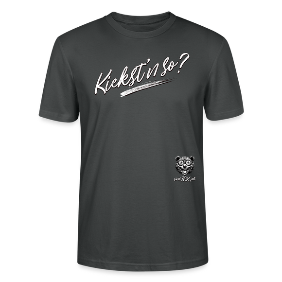 weisser Handgezeichneter Schriftzug "Kiekst'n so?" in schwungvoller Schreibschrift - typisch Berliner Spruch auf T-Shirt - Anthrazit