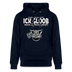 Navyfarbener Hoodie mit dem weissen Aufdruck „Ick gloob, meen Schwein pfeift!“ und Schweinezeichnung – Berliner Spruch und Denglisch.