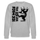 grau-melierter Sweater mit schwarzem Schriftzug „ICK MACH WAT ICK WILL“ und gezeichnetem Bären; Berliner Schnauze Design von FINDICKJUT.