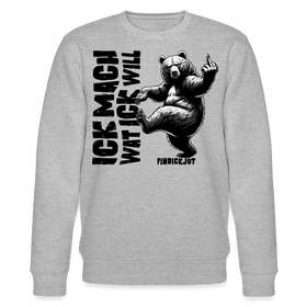 grau-melierter Sweater mit schwarzem Schriftzug „ICK MACH WAT ICK WILL“ und gezeichnetem Bären; Berliner Schnauze Design von FINDICKJUT.
