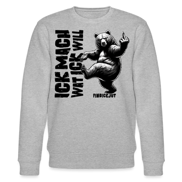 grau-melierter Sweater mit schwarzem Schriftzug „ICK MACH WAT ICK WILL“ und gezeichnetem Bären; Berliner Schnauze Design von FINDICKJUT.