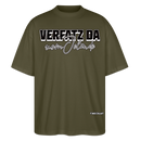 „Verfatz da vom Jelände“-Schriftzug auf Oversized Unisex T-Shirt, Berliner Spruch Design, Rundhalsausschnitt, weite Ärmel, 100% Bio-Baumwolle- Khaki