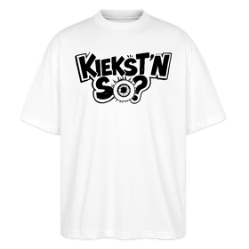 weisses Oversized Unisex Berlin Shirt mit großem schwarzem Front-Print „KIEKST'N SO?“ in Berliner Sütterlin-Schrift und stilisierter Augen-Illustration als "O" im Wort "so". Lockerer Schnitt aus weicher Bio-Baumwolle